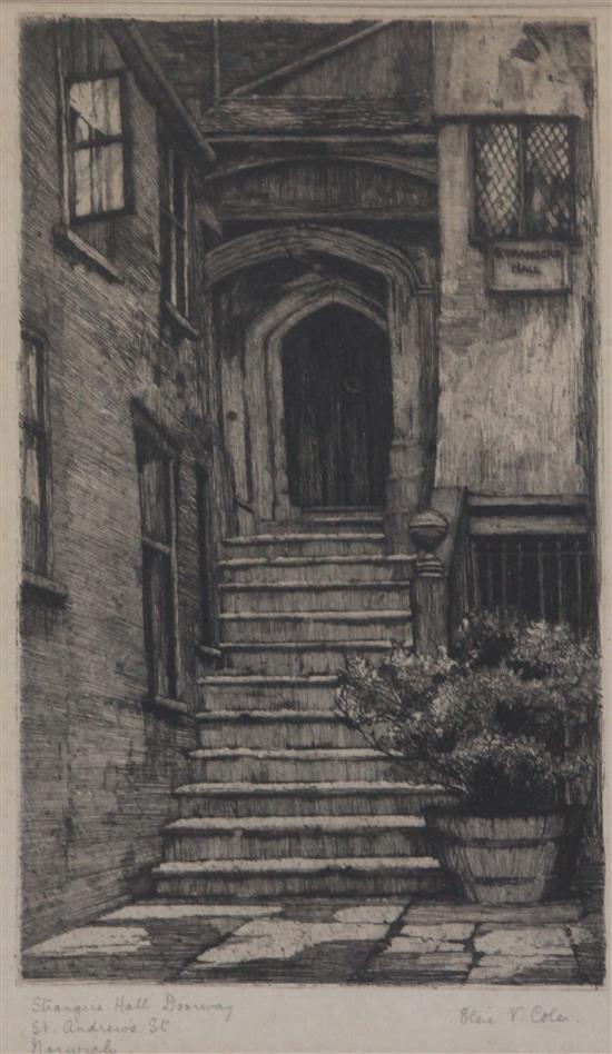 T.J. Farnworth, pair of watercolours, landscape and an etching, Strangers Hall Doorway, St Andrew Street, Norwich by Elsie V. Cole, la